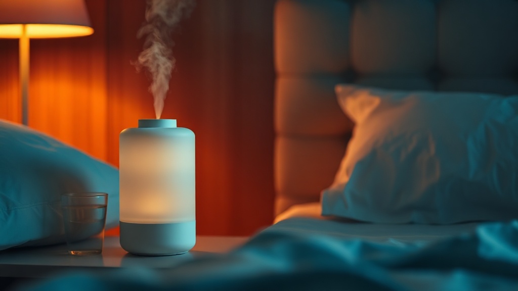 A minimalist cool-mist humidifier on a bedside table adding moisture to the night air