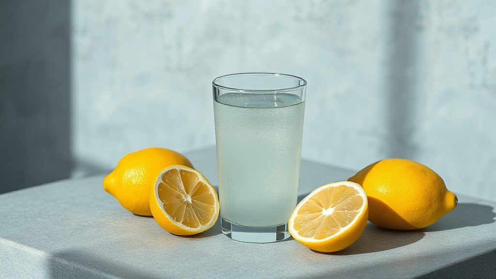 Fresh lemons beside a glass of lemon water, a popular but acidic and enamel-eroding home remedy