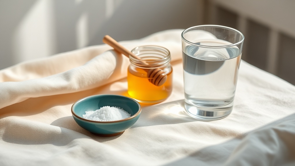 A small dish of salt, a jar of honey and a glass of water on cream linen