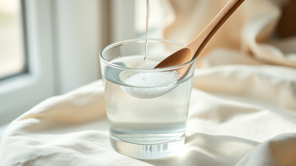 A glass of water with a spoon of salt dissolving, on cream linen