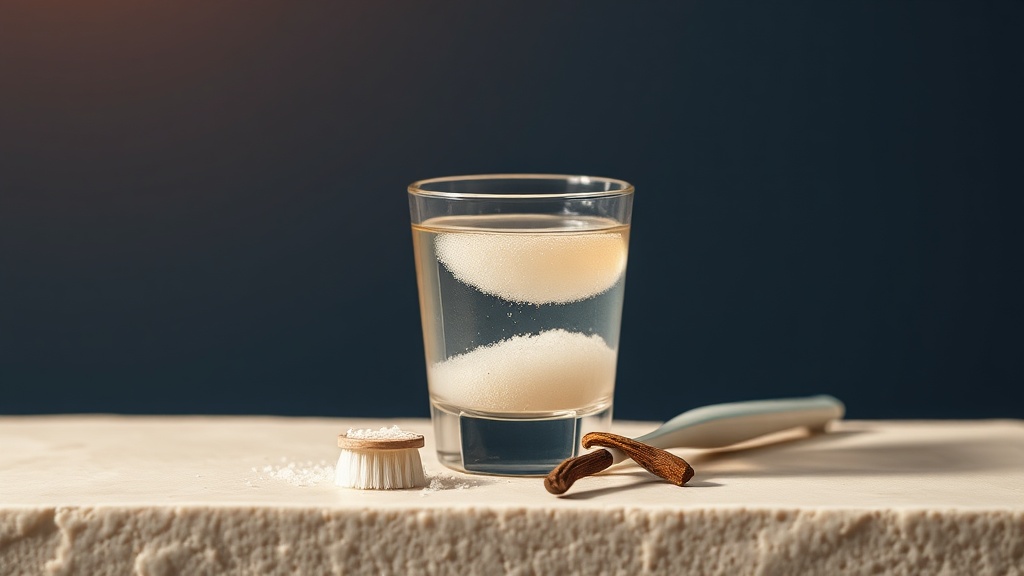 A glass of warm salt water beside a soft toothbrush on a calm surface