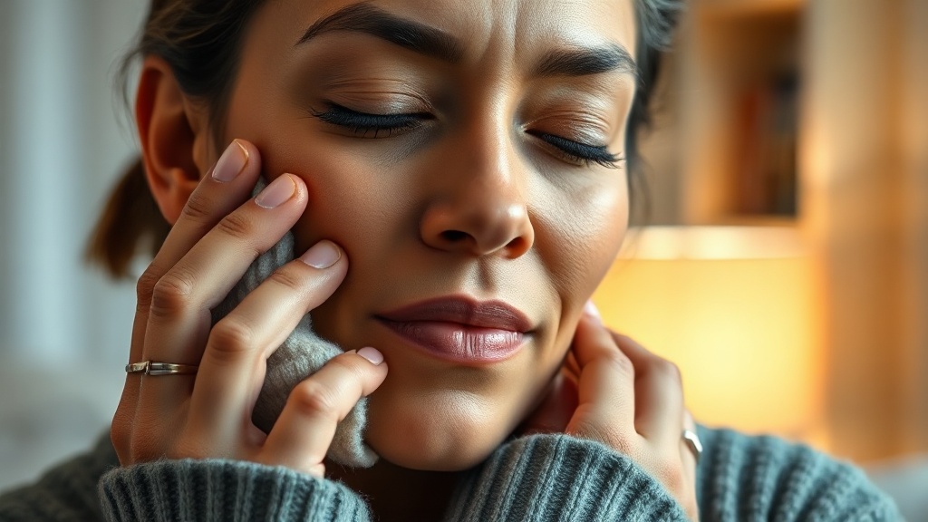 A calm person holding a warm compress gently against the side of the jaw at home