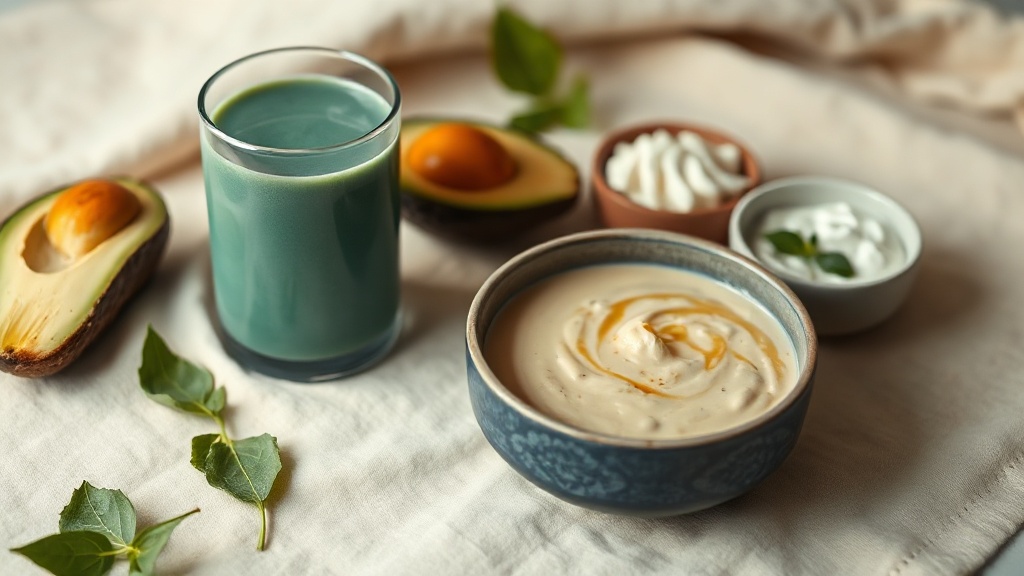 A soft-diet spread of a smoothie, soup, avocado and yoghurt for resting a sore jaw