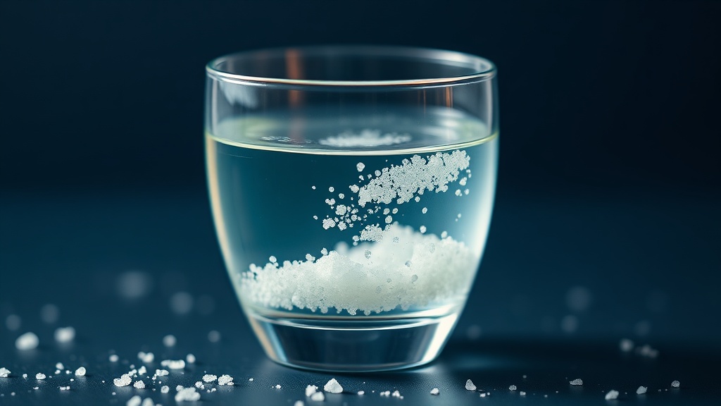 A glass of warm salt water being stirred, with salt dissolving