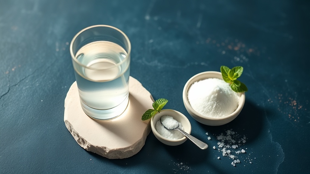Glass of clear rinse beside salt and baking soda