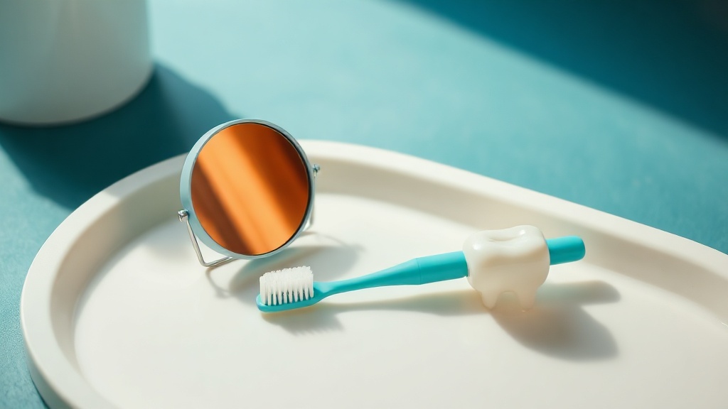 A child's toothbrush and a small dental mirror on a tray beside a tooth model, suggesting a routine check-up