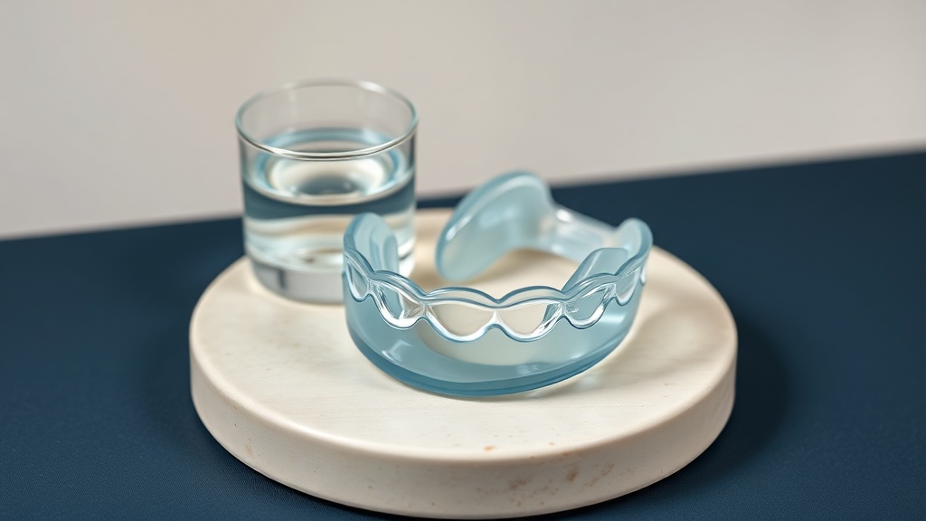 A custom night guard resting beside a glass of water, calm spa-clinical still life
