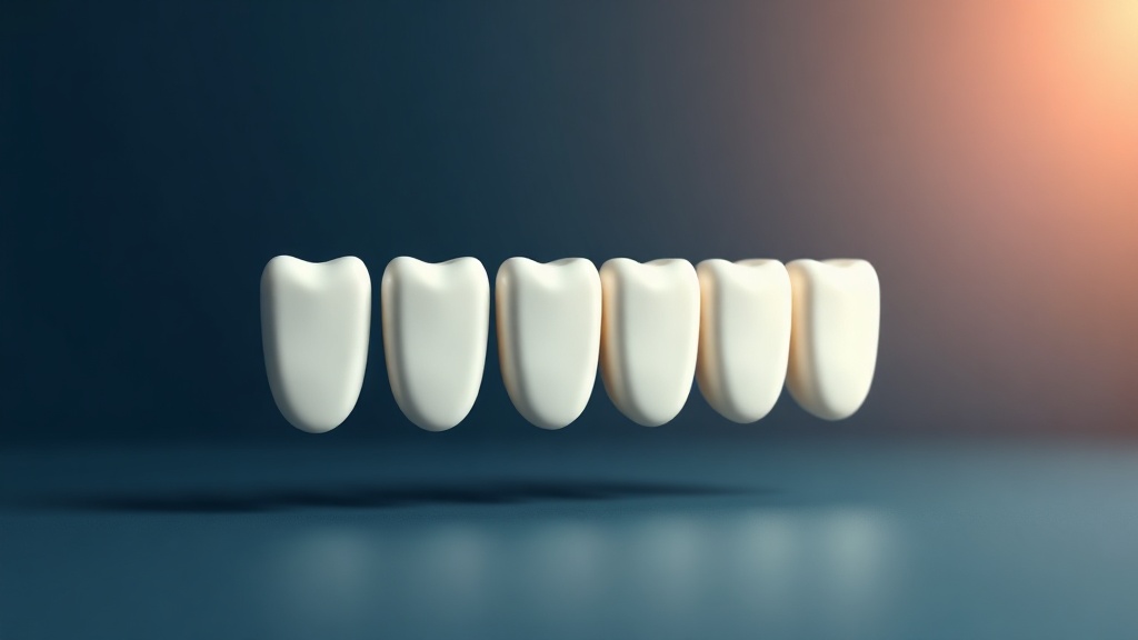 A row of tooth-shade tabs fading gently from bright white to soft ivory, illustrating whitening fading over time