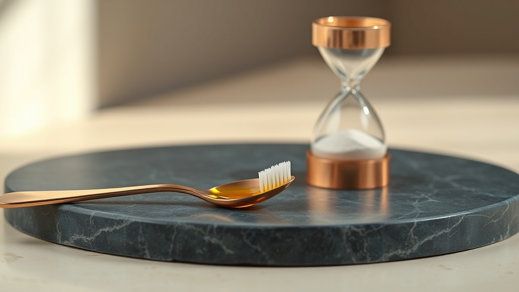 A calm morning bathroom scene with a spoon of oil and a toothbrush, suggesting a once-daily routine