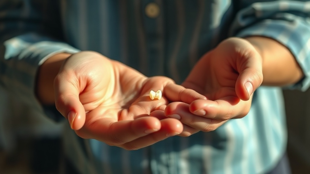 A parent gently cupping a child hand that holds a single tiny lost tooth