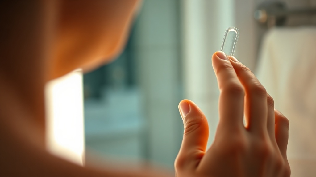 A person gently pressing a translucent whitening strip onto the upper teeth in front of a softly lit mirror