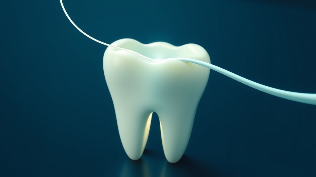 Floss passing between two teeth to clear plaque from the contact point