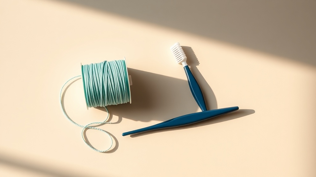 Floss, floss picks and an interdental brush arranged on a cream surface