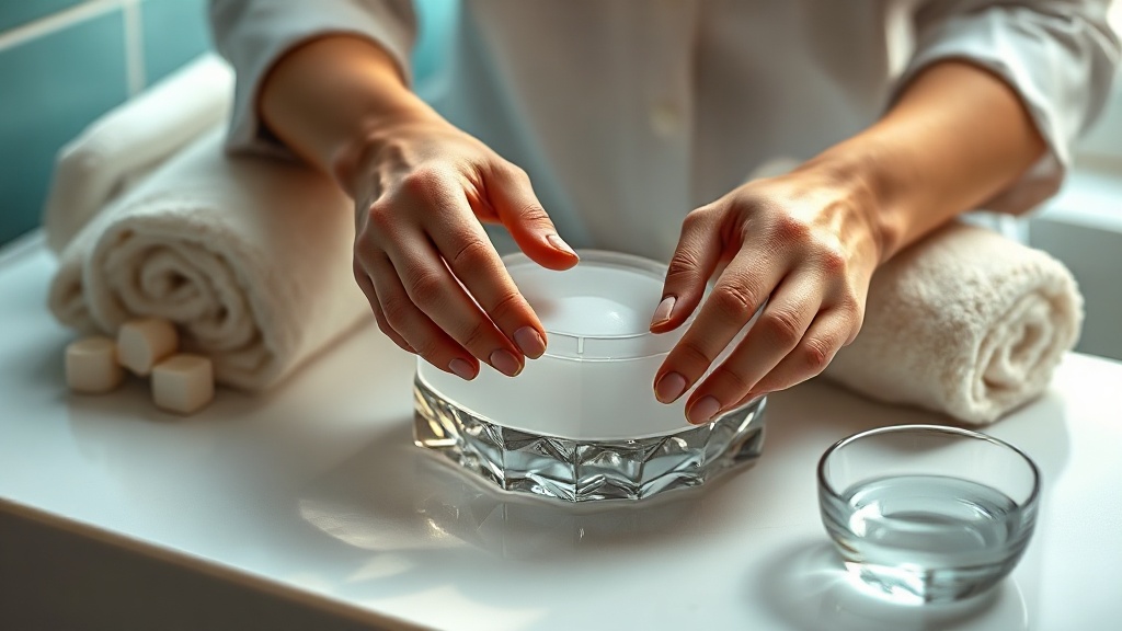 A person calmly seating a clear whitening tray at a bathroom vanity