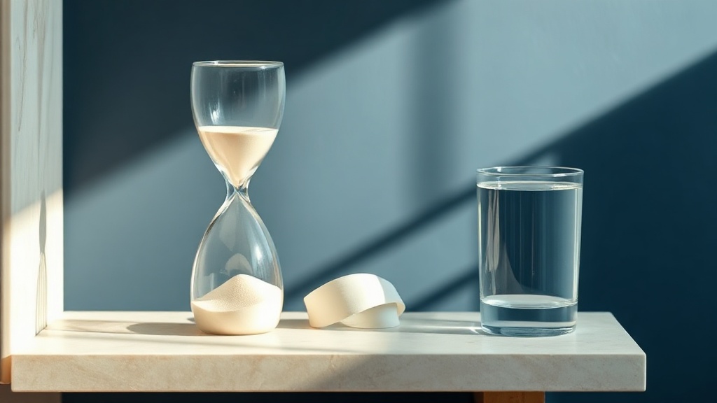 An hourglass beside a rolled whitening strip and a glass of water on a stone shelf