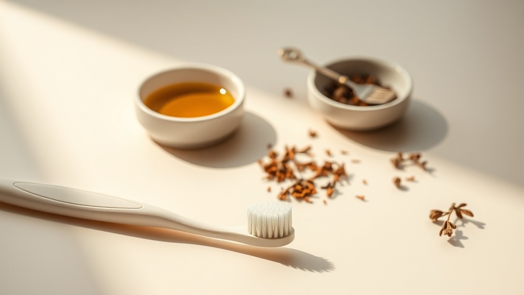 A toothbrush and interdental brushes in light beside set-aside remedy props