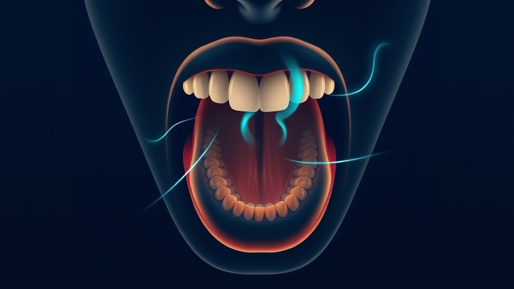 Conceptual cutaway of the mouth showing the tongue, between-teeth spaces and gumline as the main sources of bad breath