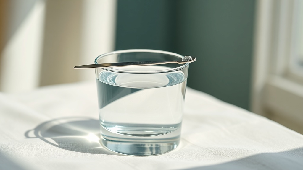A slim metal tongue scraper resting across a clear glass of water