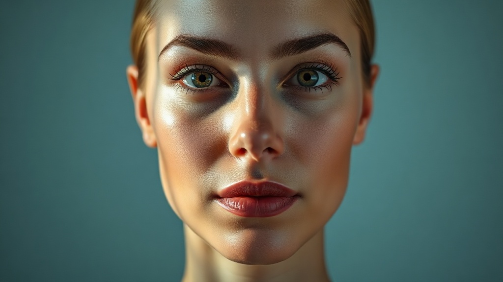 A calm human face lit evenly from the front with a soft vertical band of light highlighting the natural small differences between the left and right sides