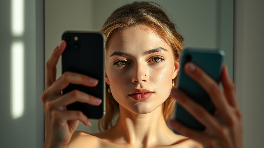 A person calmly taking a straight-on photo of their own face in a softly lit bathroom mirror to track how it naturally looks over time