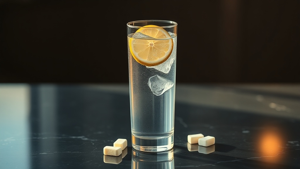 A tall glass of iced water with a lemon wedge and a few pieces of sugar-free gum on a dark counter