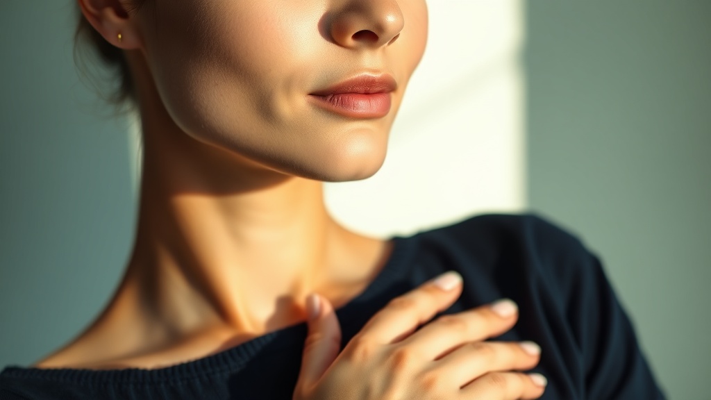 A calm person breathing slowly through the nose with a hand resting on the chest