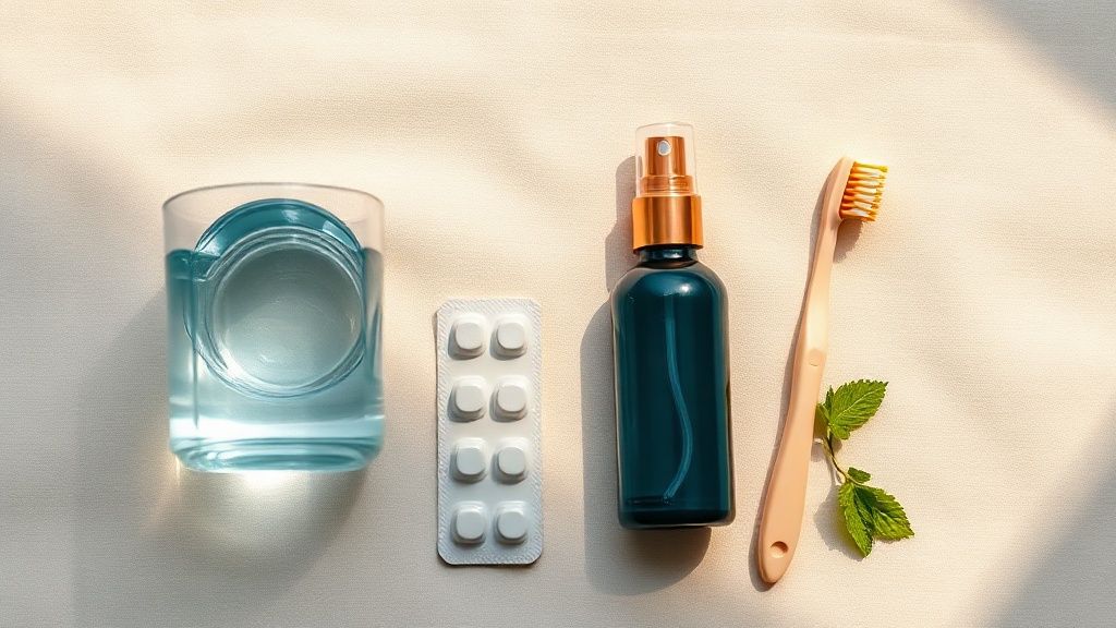 Flat-lay of gentle dry-mouth comfort tools: water, sugar-free gum, a spray bottle, a soft toothbrush and mint