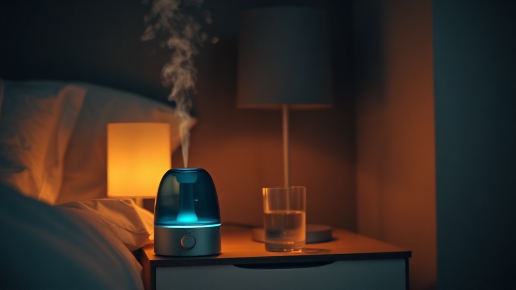 A humidifier releasing soft mist on a bedside table beside a glass of water at night