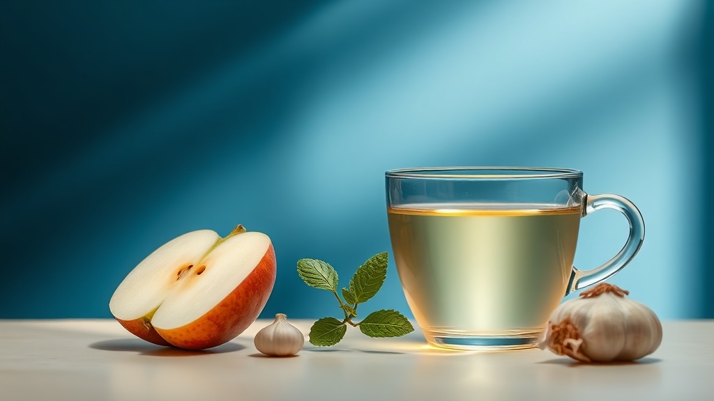 A raw apple, fresh mint and green tea shown as natural remedies for garlic breath