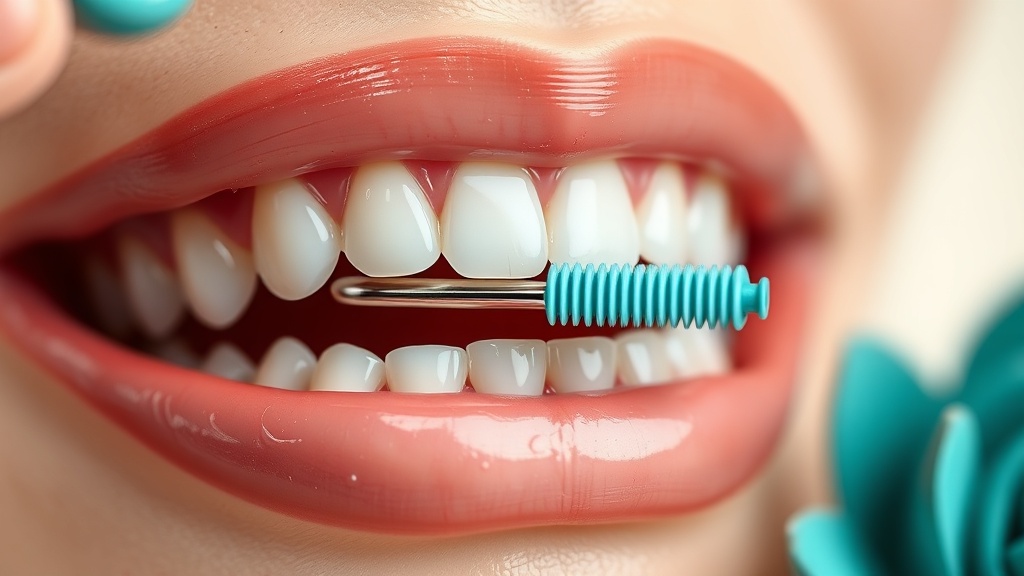 An interdental brush cleaning between two teeth