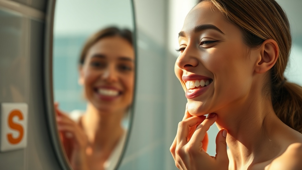 A person checking healthy gums in a bathroom mirror