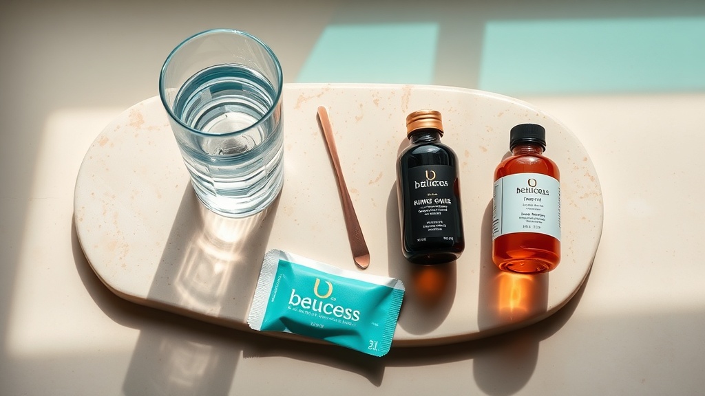 A calm flat-lay of a water glass, copper tongue scraper, sugar-free gum and an alcohol-free rinse