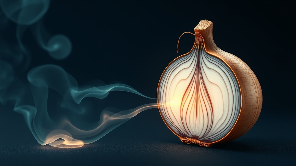 Diagram of onion sulfur compounds coating the mouth and being carried in the breath