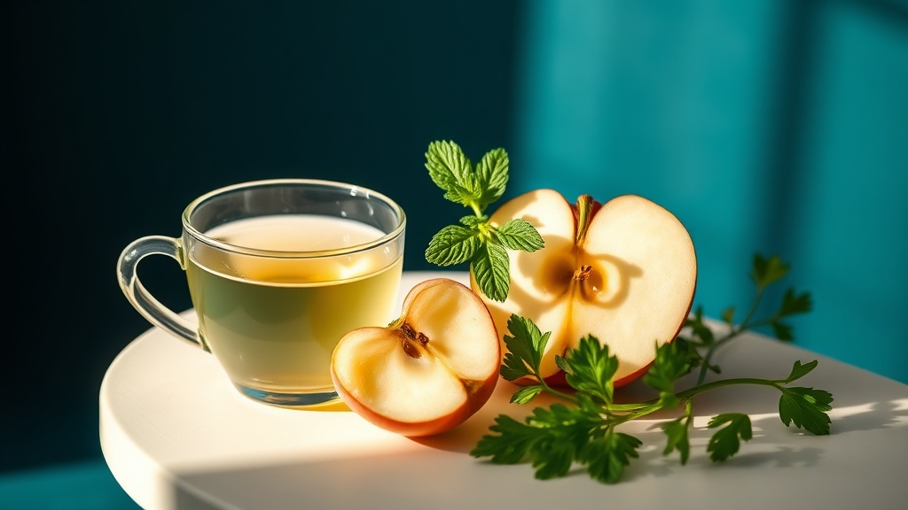 Raw apple, fresh mint and parsley shown as natural remedies for onion breath
