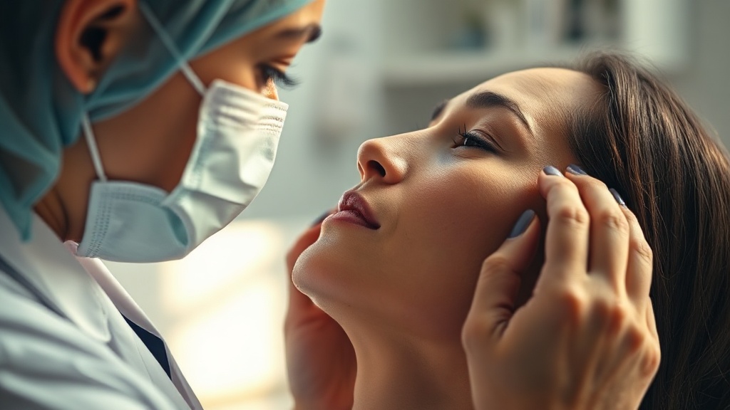 A dental professional gently assessing a relaxed patient jaw in a calm clinic
