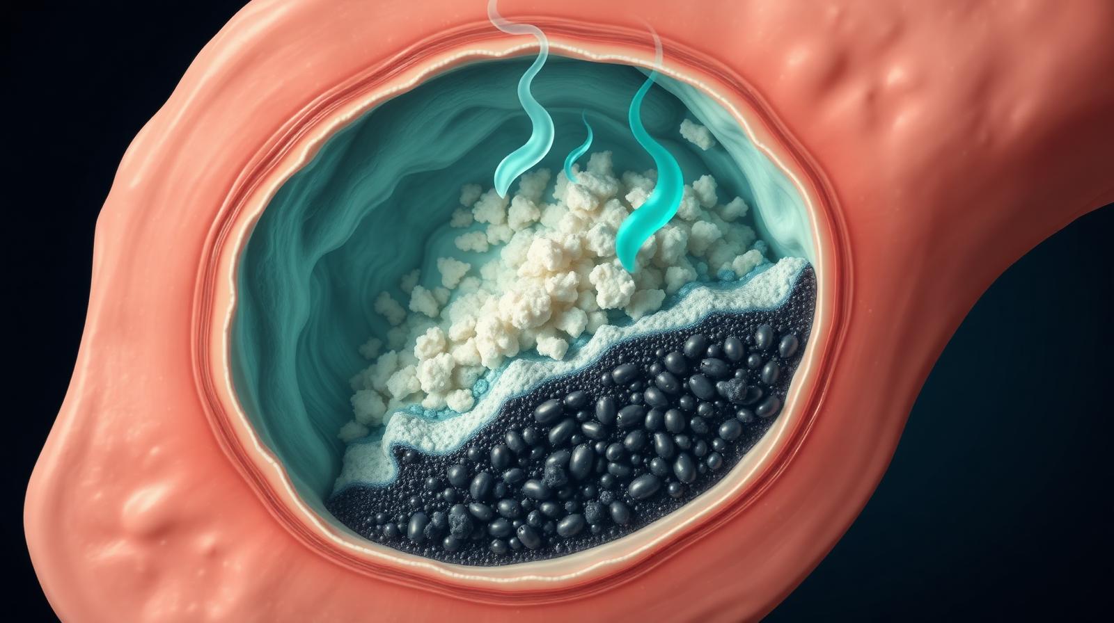 Diagram showing anaerobic bacteria trapped in tonsil crypts releasing volatile sulfur compounds