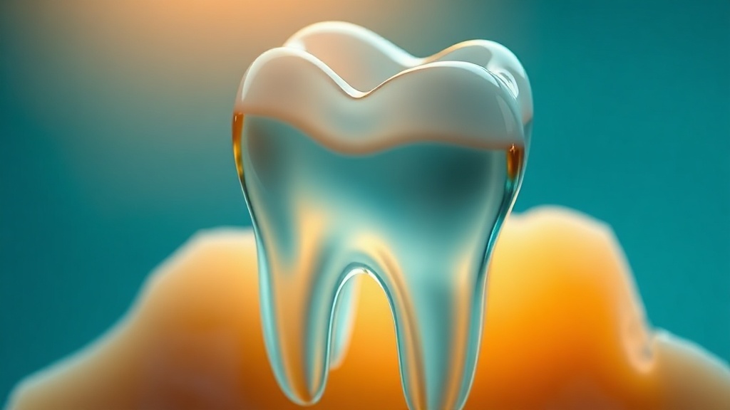 Cross-section of a tooth showing a thin translucent enamel layer over a warm yellow dentin core glowing through
