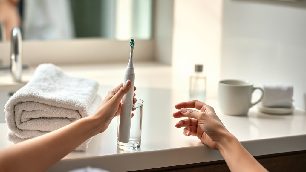 Hands holding an electric toothbrush and a glass of water at a calm bathroom counter