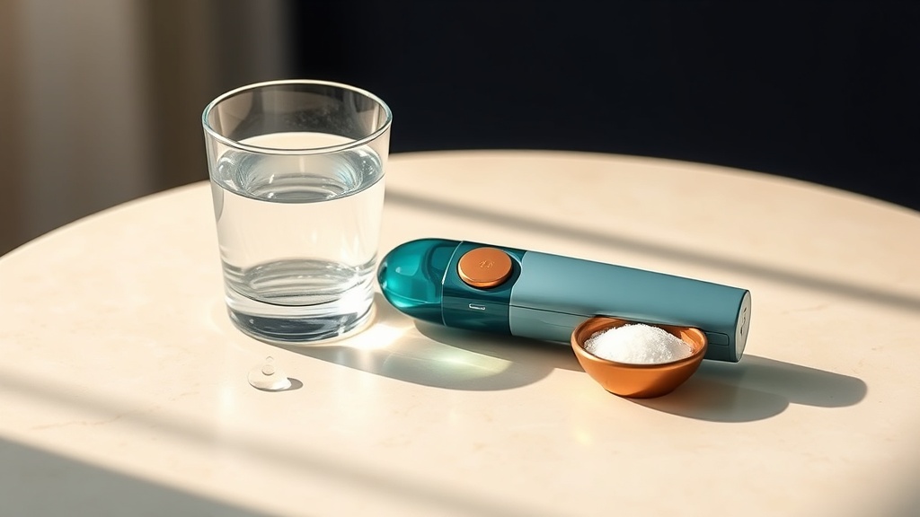 A calm daily oral-care setup with a low-pressure irrigator and a glass of water