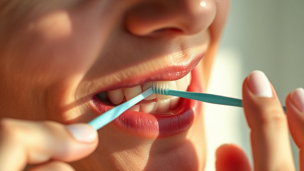 A calm person cleaning between teeth in morning light