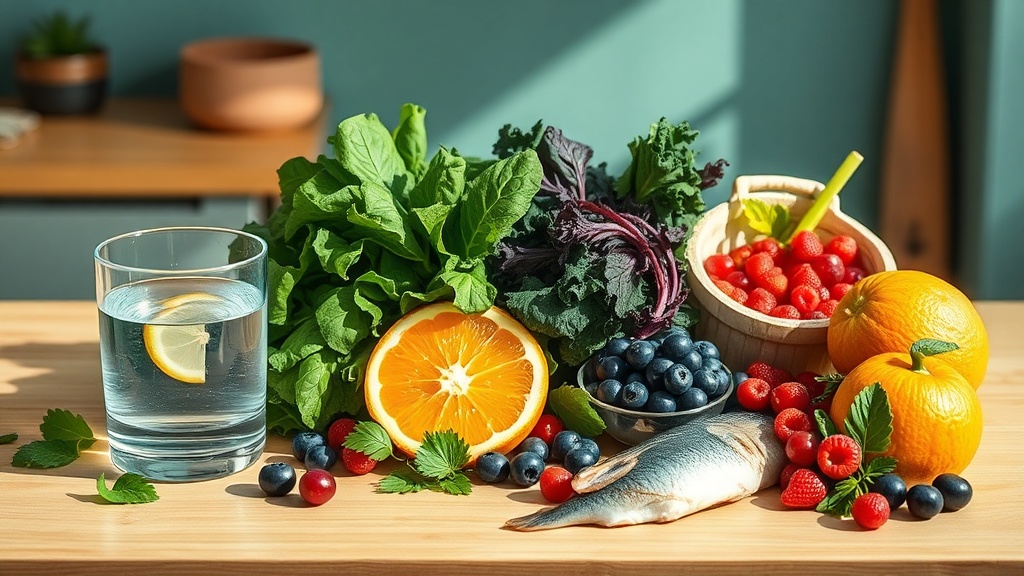 Fresh anti-inflammatory foods and water on a bright counter