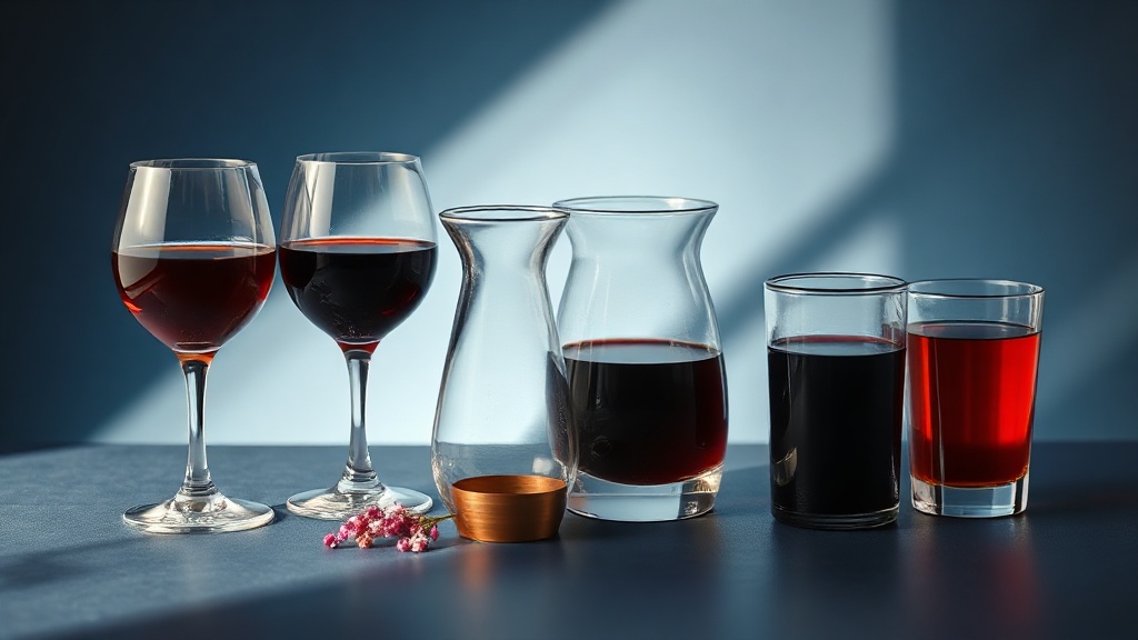 Glasses of red wine, tea, coffee and water arranged to show how strongly each stains teeth