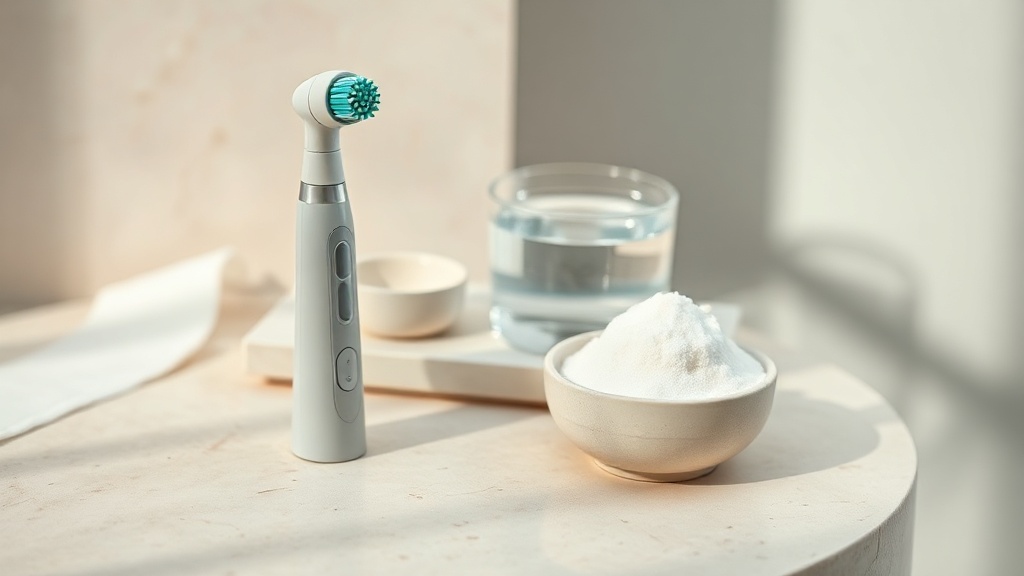 A powered toothbrush head and a small dish of baking-soda paste beside a glass of water