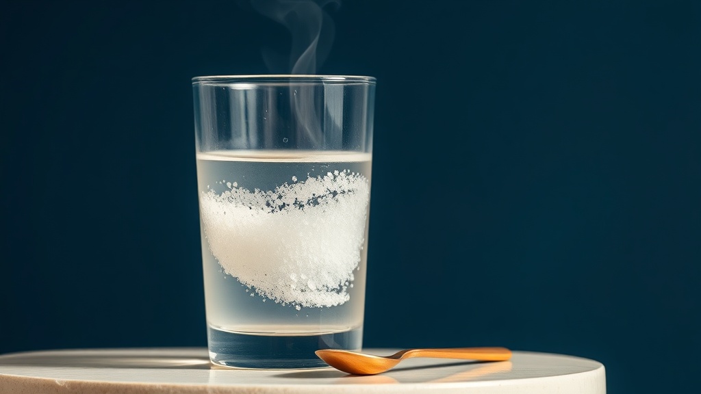A glass of warm water with salt dissolving in a gentle spiral, calm spa still life