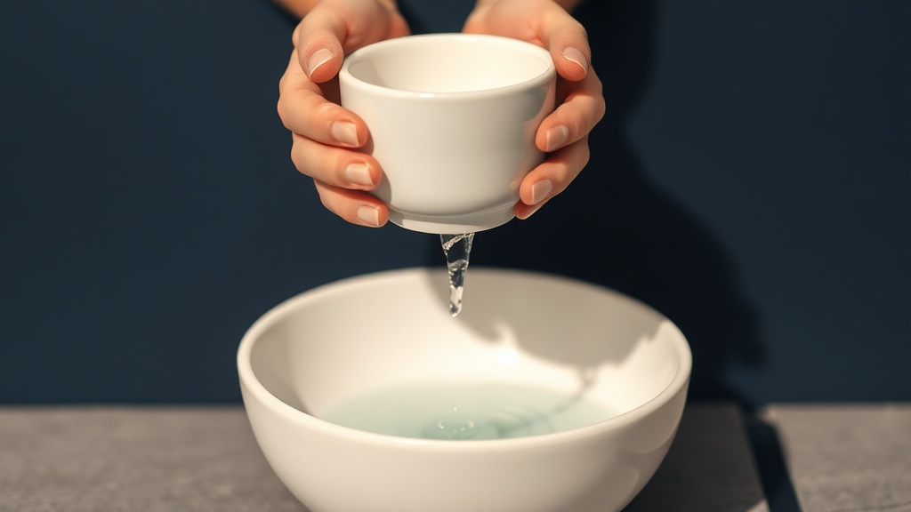 A person gently swishing a rinse, calm bio-luxury bathroom scene