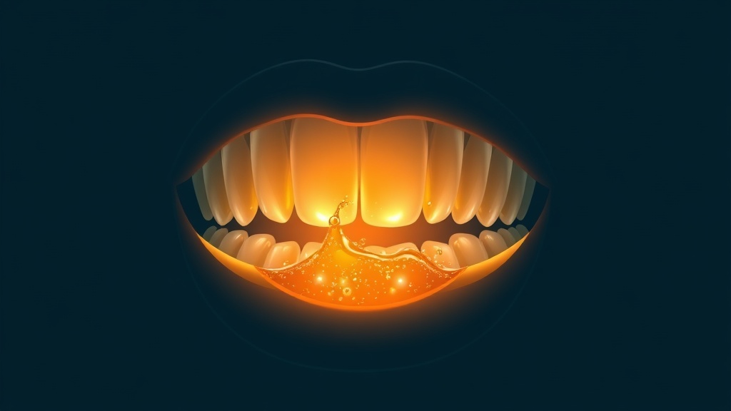 Conceptual illustration of oil droplets emulsifying and lifting bacteria from tooth surfaces during oil pulling