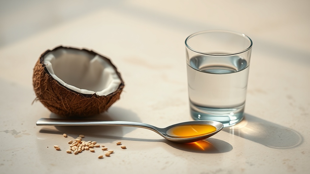 A spoon of golden oil beside a glass of water on a calm bathroom surface