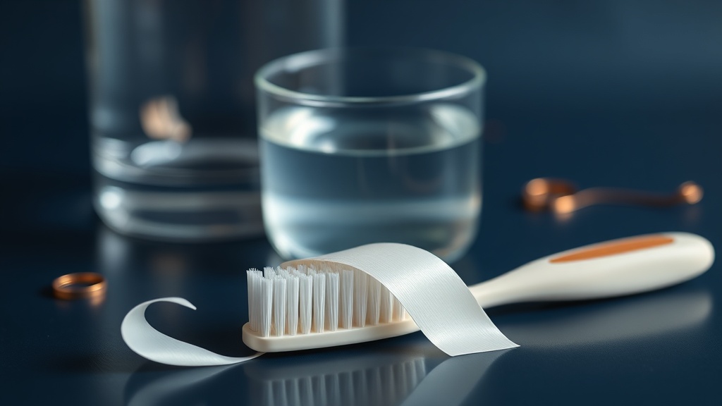A soft ribbon of fluoride toothpaste on a brush beside a glass of water