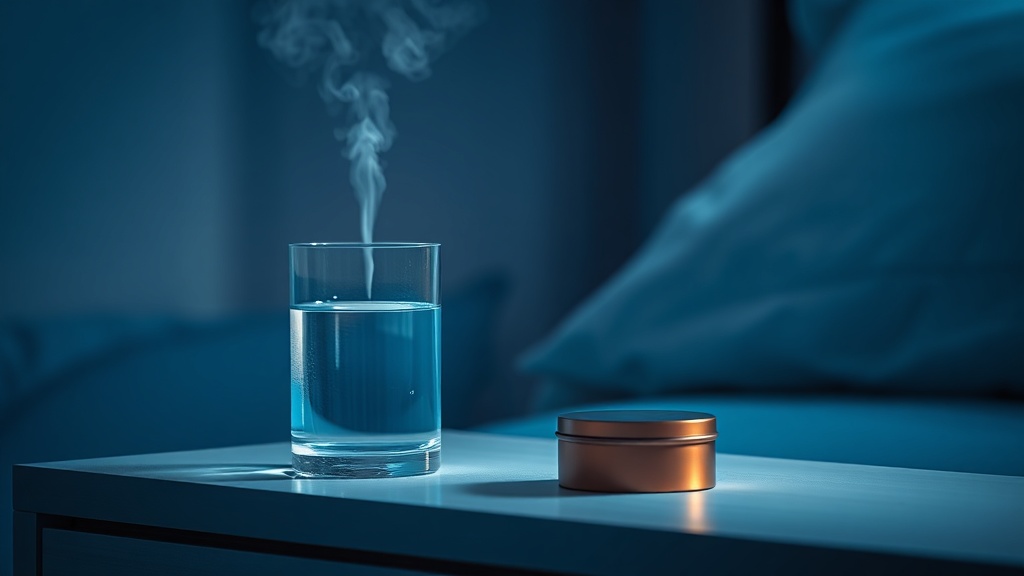 A calm night-time bedside table with a glass of water, a small humidifier misting, and a lozenge tin