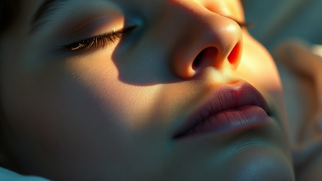 A close, peaceful portrait of a sleeping face breathing gently through the nose in soft light